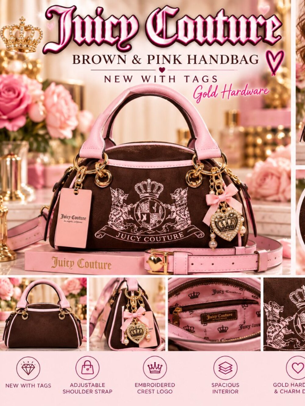 Juicy Couture Brown & Pink Handbag NWT | Gold Hardware